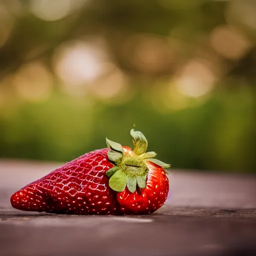 Image similar to high quality presentation photo of a strawberry painted in gold, photography 4k, f1.8 anamorphic, bokeh, 4k, Canon, Nikon