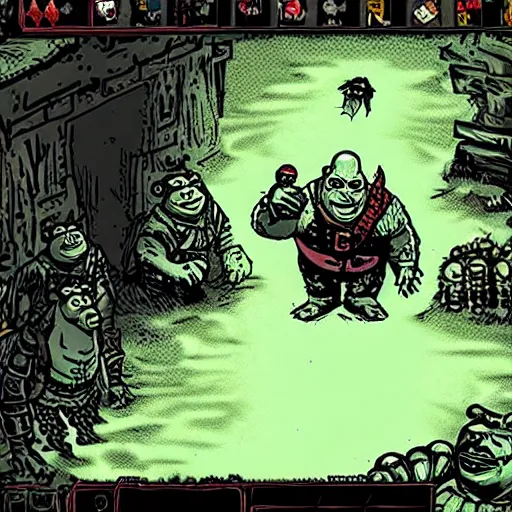 Prompt: shrek as a boss in darkest dungeon, screenshot from a game, highly detailed, dark atmosphere, concept art, 2 d, sideview, cosmic horror, body horror, lovecraft mythos