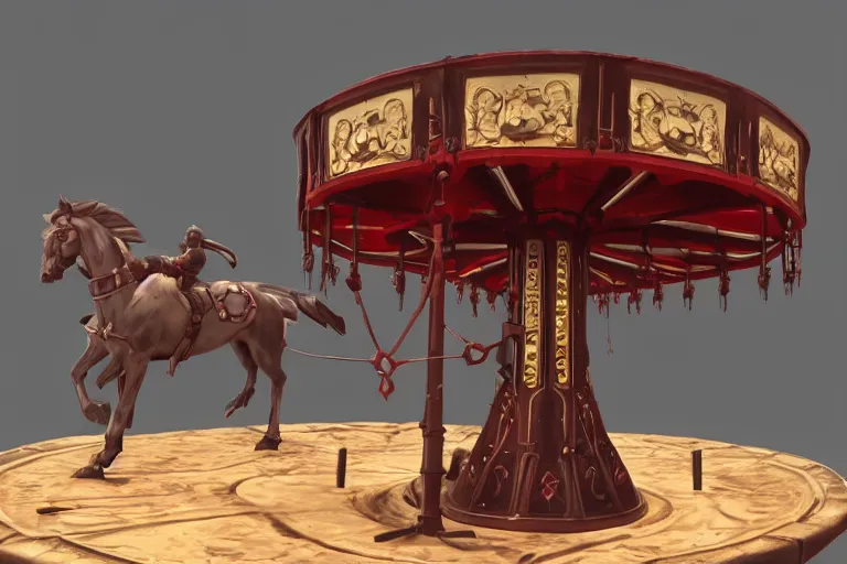 Image similar to 3d sculpt of an evil ironwork carousel, artstaton, League of Legends, red dead redemption2, overwatch, digital illustration