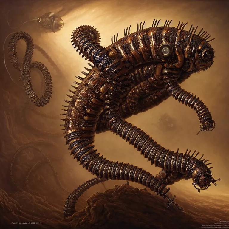 Image similar to steampunk robot millipede, unreal engine realistic render, 8 k, micro detail, intricate, elegant, highly detailed, centered, digital painting, artstation, smooth, sharp focus, illustration, artgerm, tomasz alen kopera, peter mohrbacher, donato giancola, joseph christian leyendecker, wlop, boris vallejo