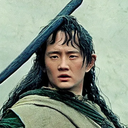 Prompt: a still from “ lord of the rings ” of a head and shoulders portrait of fei lung as a wizard with a wooden staff, photo by phil noto