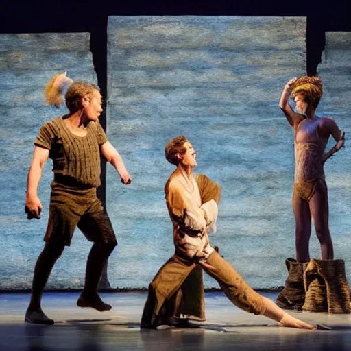 Prompt: award winning Production photo of David and Goliath on broadway, dancing, singing, costumes by Julie Taymor, set design by Julie Taymor