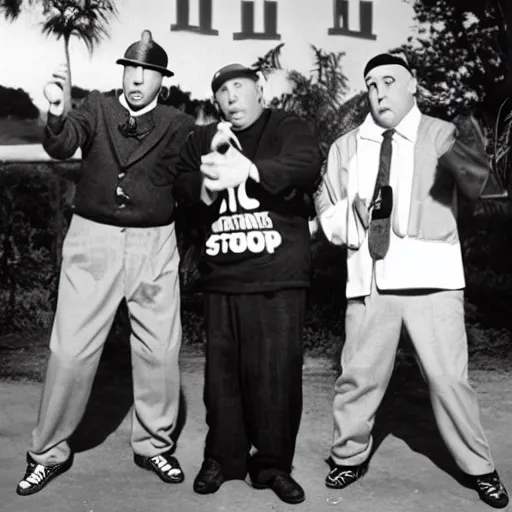 Prompt: the three stooges as a hip hop group