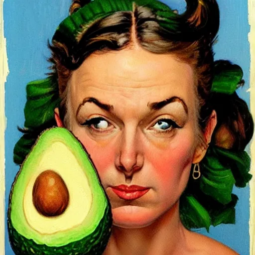 Image similar to Frontal portrait of a superheroine with avocado powers. Painting by Norman Rockwell.