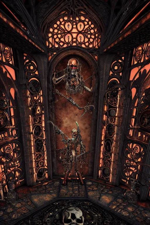 Prompt: steam necropolis, memento mori, gothic, neo - gothic, art nouveau, hyperdetailed copper patina medieval icon, philippe druillet, ralph mcquarrie, concept art, steampunk, unreal engine, detailed intricate environment, octane render