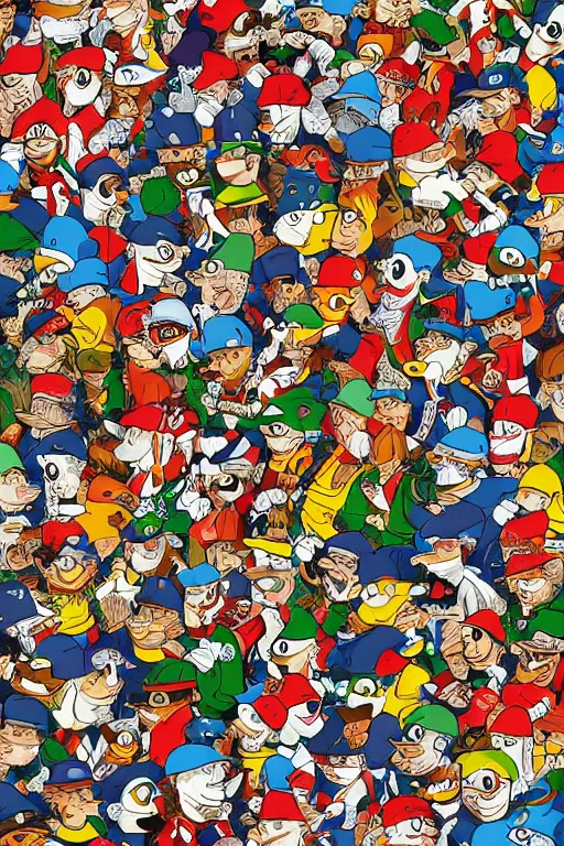 Prompt: full frontal page, finding waldo but he is a duck, highly detailed, 8k