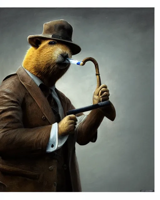 Image similar to oil painting of the profile side of a realistic anthropomorphized capybara holding a smoking pipe in his right hand, with old detective clothes, close shot, full body, dark steampunk mine shaft background, sharp focus, fantasy style, octane render, volumetric lighting, 8k high definition, by greg rutkowski, highly detailed, trending on art Station, dungeons and dragons artwork, centered