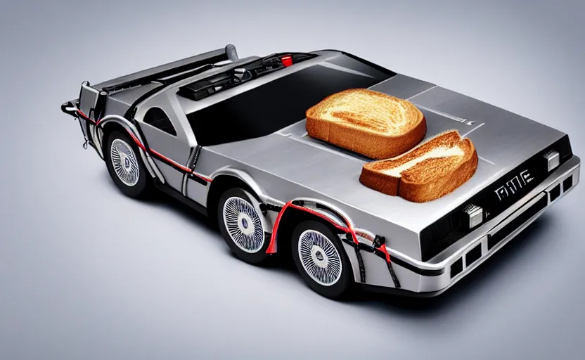 Image similar to a time-traveling delorean styled toaster with toast, bread inserted into slot, professional product shot, magazine ad