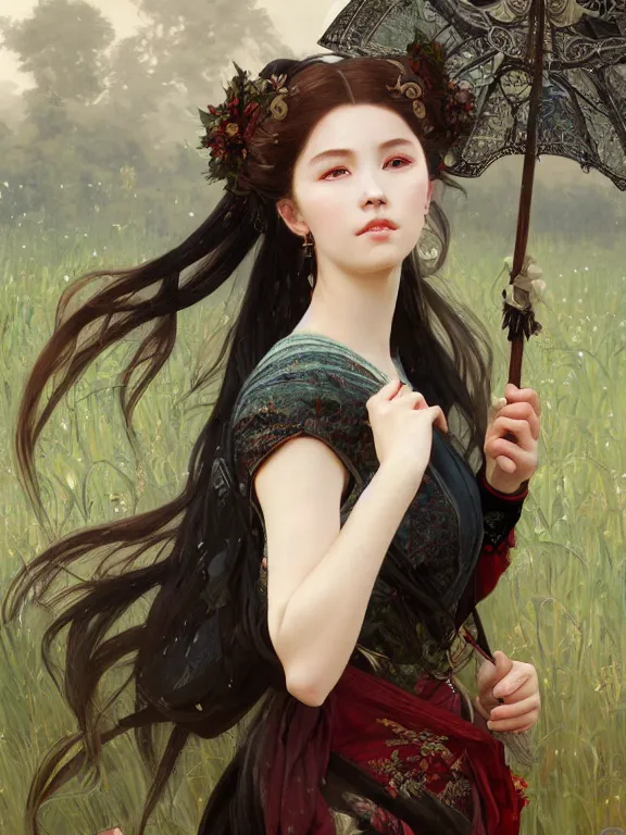 Image similar to portrait of a beautiful seductive european girl wearing hanfu, farm background, fantasy, d & d, dark eyeliner, intricate, elegant, highly detailed, digital painting, artstation, concept art, matte, sharp focus, illustration, art by greg rutkowski and alphonse mucha