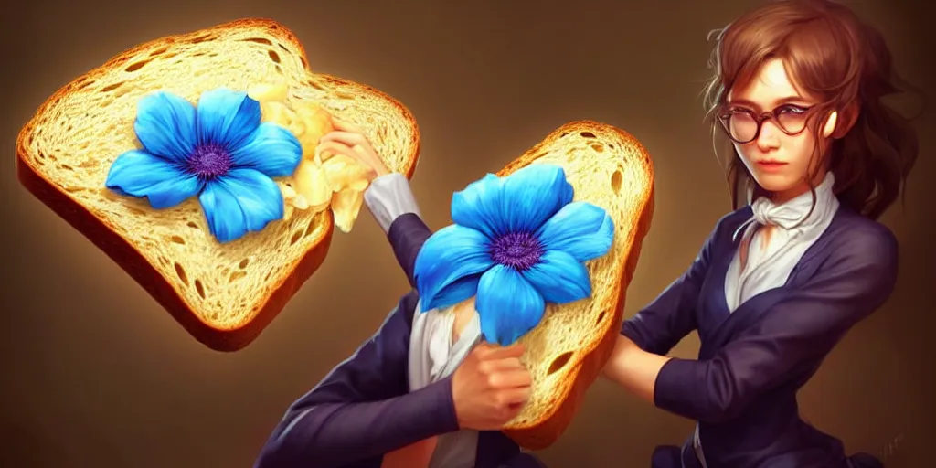 Image similar to epic professional digital art of a bread toast!!! wearing 👓!!!! and a blue flower!!!!, best on artstation, cgsociety, wlop, cosmic, epic, stunning, much detail, much wow, masterpiece, backlight