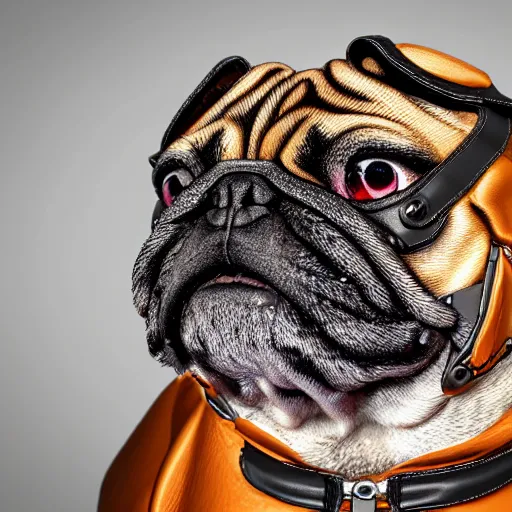 Image similar to 3 d rendered hyper realistic hyper detailed pug wearing a shiny leather gimp mask with zippers covering its face, octane render, blender, 8 k