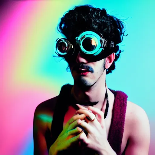 Image similar to kodak portra 1 6 0 photograph of a skinny nerdy goth guy with wild hair wearing goggles and eclectic jewelry, moody lighting, telephoto, 9 0 s vibe, rave background, vaporwave colors, faded!,