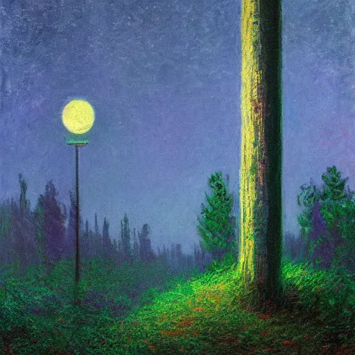 Image similar to Moon on a lamppost in the forest by Simon Stålenhag and Claude Monet, oil on canvas