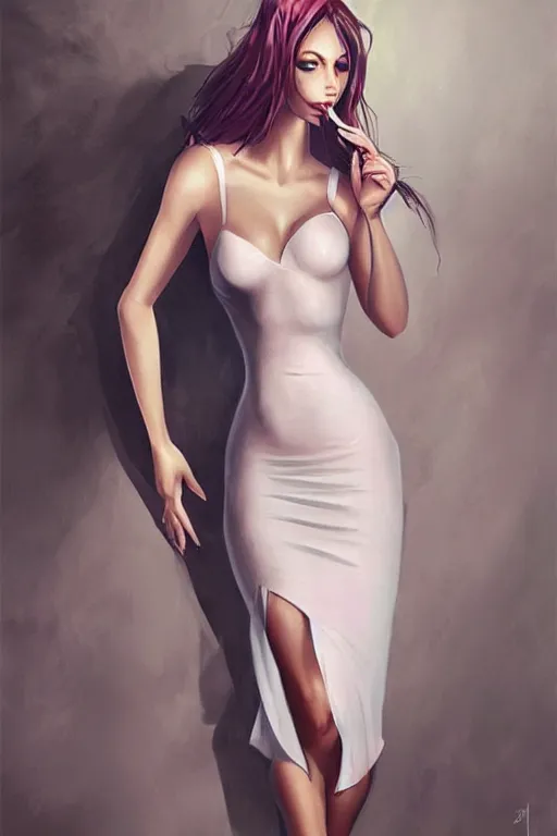 Prompt: Seductive bodycon dress in low skirt, voluptuous, by artgerm, WLOP and Ross Tran