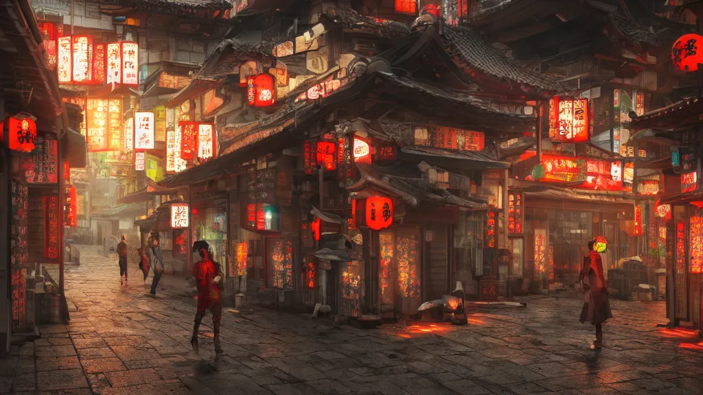 Image similar to immersed in oriental, cyberpunk, japanese village, octane render, fantasy,, hyperrealistic, highly detailed, 4 k hd