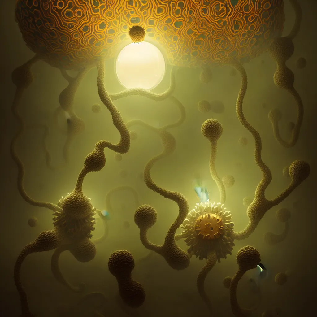 Image similar to wes anderson fractal amoeba dream, dark background, illuminated, neoplasticism, bacteria, molecular biology microbiology, beautiful biological forms organisms, virus, t 7 bacteriaphage, translucent, octane, sharp focus, greg rutkowski, artstation