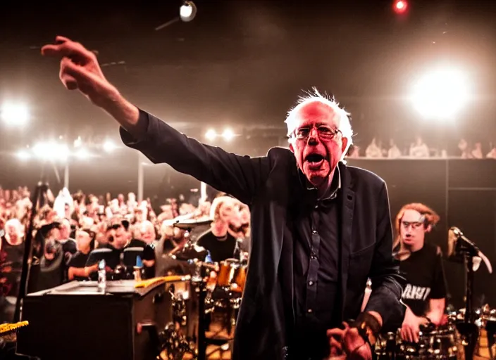 Image similar to publicity photo still of bernie sanders in a punk band playing live on stage, 8 k, live concert lighting, mid shot