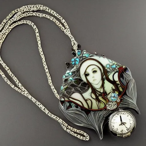 Image similar to artnouveau American mcgee's alice creepy necklace made by René lalique or Alfons mucha