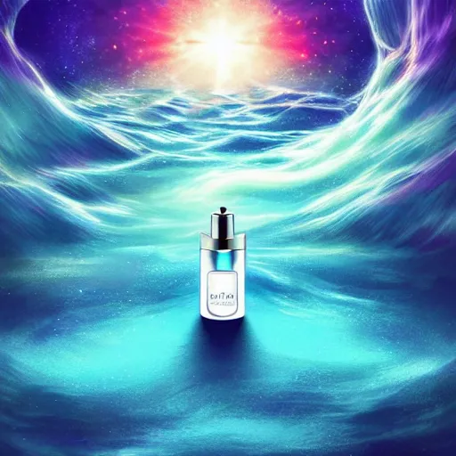 Prompt: blue perfume bottle surrounded by turquoise water droplet and galactic waves, lonely world still shining through faintly rainbow led lights, beautiful surreal scenery artwork pixiv. soul dust. unthinkable dream sublime god lighting, sun rays, cold colors. insanely detailed, artstation!! pixiv!! infinitely detailed created by god