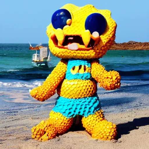 Image similar to a super adorable honeycomb monster crazy craving at the beach