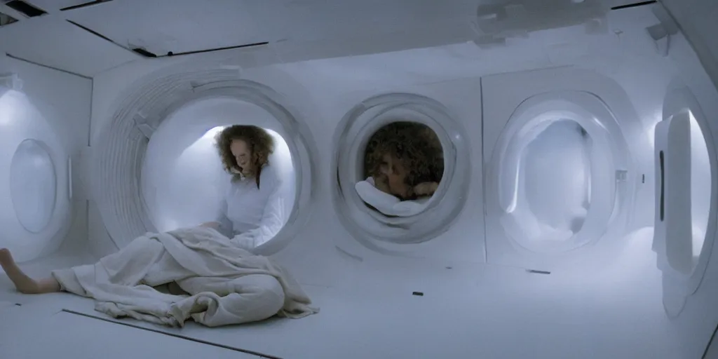Prompt: a wide shot of Ripley sleeping inside an all-white room of cryogenic sleeping pods with glass covers by Ridley Scott, Alien movie, grainy, bluish and cream tones