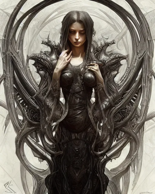 Prompt: art by giger, deep focus, d & d, dark & crreepy fantasy, intricate, elegant, highly detailed, digital painting, artstation, concept art, matte, sharp focus, illustration, hearthstone, art by artgerm and greg rutkowski and alphonse mucha