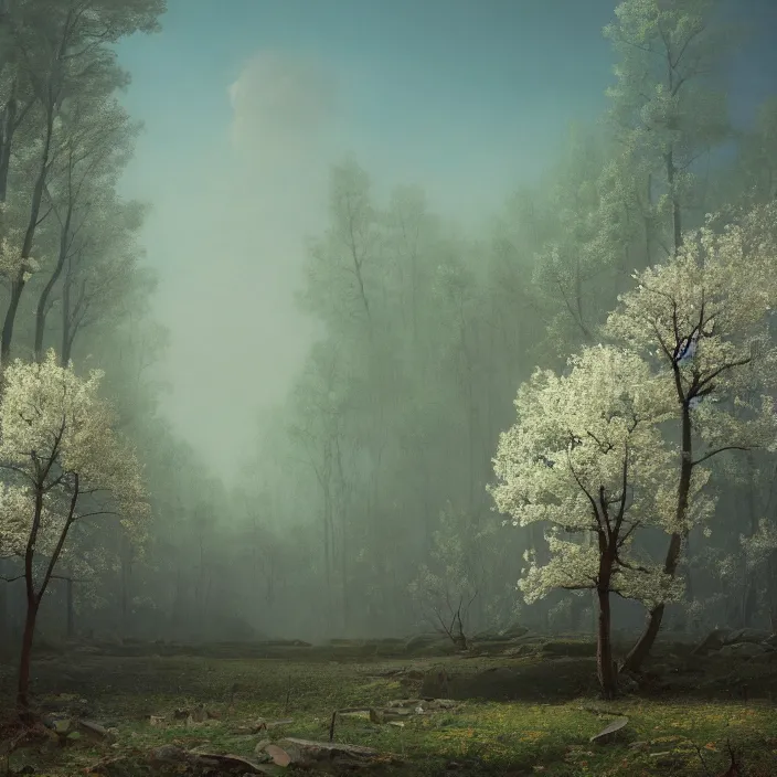 Prompt: a beautiful painting of spring at chernobyl by ivan aivazovsky and zdzisław beksinski and rene magritte and greg rutkowski and james gurney, in style of digital art. hyper detailed, sharp focus, soft light. octane render. maya. ray tracing. trending on artstation