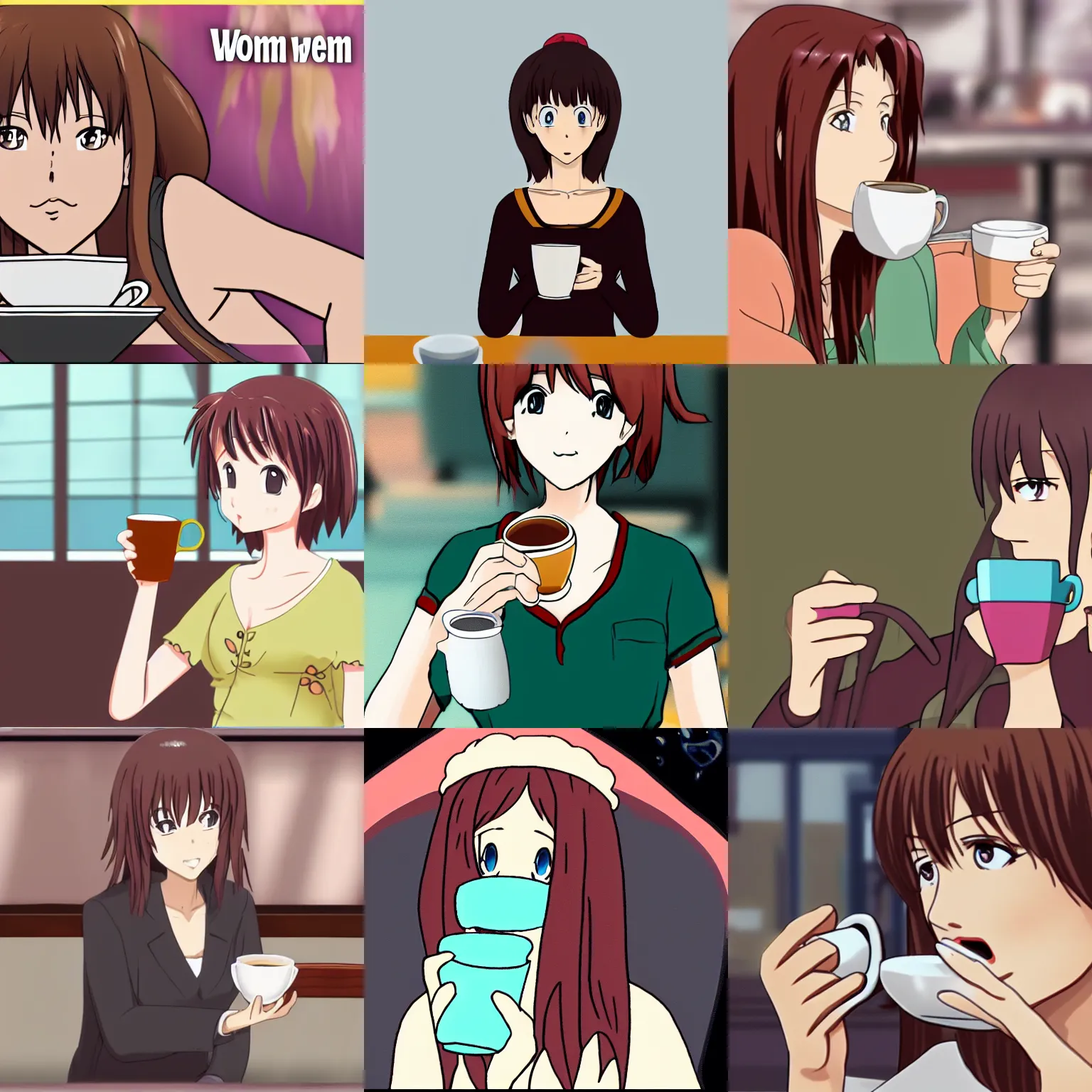 Prompt: Woman drinking coffee, anime screenshot