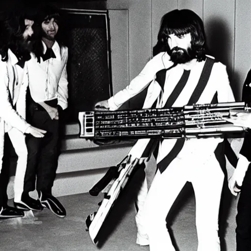 Prompt: Charles Manson playing keytar with The Beatles, flash photography, 8k