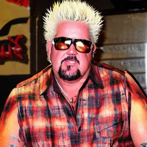 Image similar to guy fieri showing off his tattoo of guy fieri on his chest