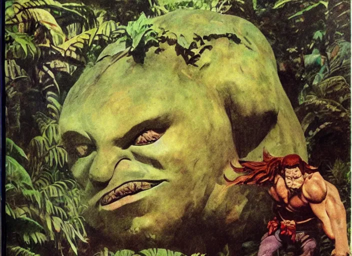 Image similar to giant stone head in a jungle clearing, children's book, vintage, Frank Frazetta