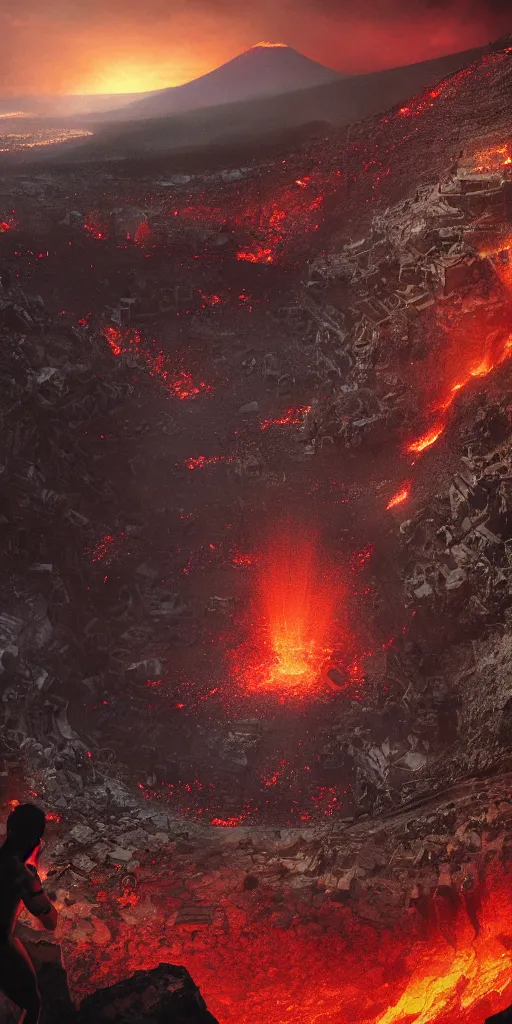 Prompt: downward view of diver plunging downward at Mount Vesuvius, thermic lava flowing down fire travertine terraces below, epic fantasy, crowd of people watching, Photorealistic, horror, establishing shot, cinematic lighting, , dramatic lighting, atmospheric, realistic, octane render, highly detailed, color graded, matte painting in the style of craig mullins