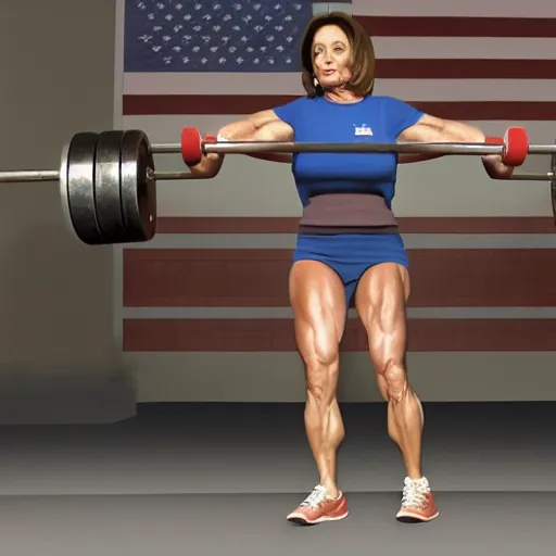 Image similar to nancy pelosi deadlifting 5 0 0 pounds, realism, fine details, unreal, render, cinematic, epic, volumetric lighting