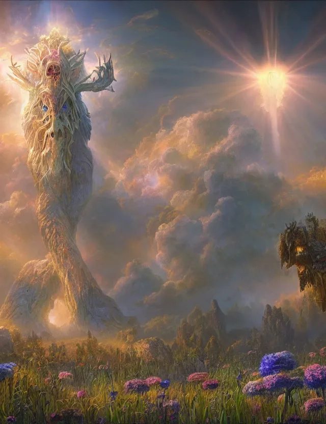 Image similar to A terrifying giant monster made of flowers, beautiful atmosphere, god rays, masterpiece digital painting by Alex Grey, Greg Rutkowski, 4k wallpaper