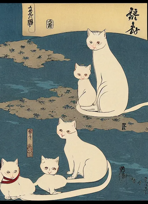 Image similar to whitecat with 2 baby white cats of utagawa hiroshige, digital painting 4 k uhd image, highly detailed