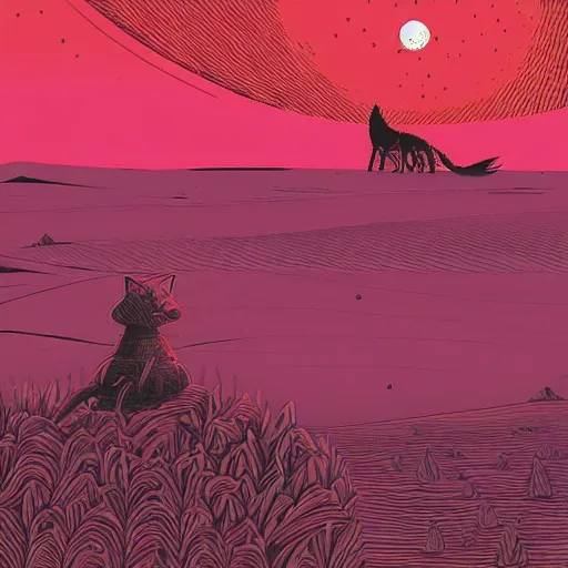 Image similar to a lone fox and a robot rover on the desert looking at the night sky by woodblock print, nicolas delort, moebius, victo ngai, josan gonzalez, kilian eng