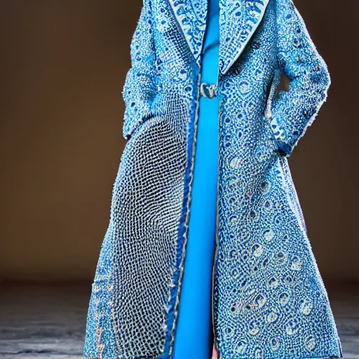 Prompt: fashion 2 0 5 0 fantastic openwork long coat with intricate pattern on a beautiful symmetrical girl with blue hair, hyper realistic photos