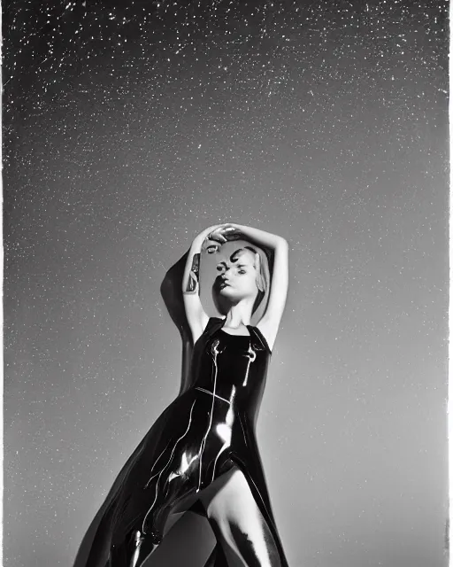 Image similar to a highly detailed unreal engine symmetric portrait of a long legged freaky goddess in a latex dress in an endless galaxy, boke, tilted frame, henry cartier bresson