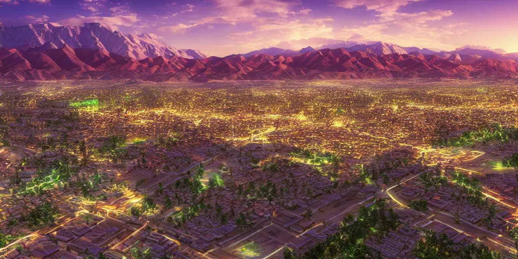 Prompt: city located in sunset valley in kyrgyz, vray, hdr, overhead view, photorealistic