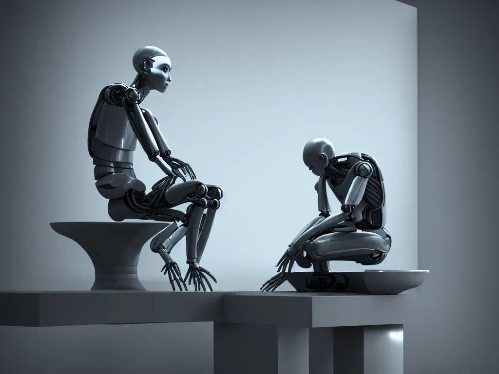 Prompt: an I Robot sitting and thinking on an electronic laboratory, the thinker, by mario feng, ray tracing, master shot, octane render, 8k, ultra hd, perfect light