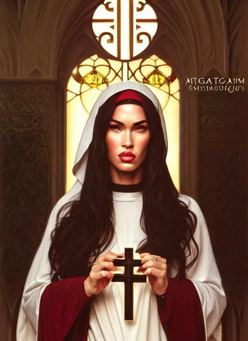 Image similar to portrait of megan fox as a sultry nun, bible, catholic, religion, cross, prayer, church, intricate, headshot, highly detailed, digital painting, artstation, concept art, sharp focus, cinematic lighting, illustration, art by artgerm and greg rutkowski, alphonse mucha, cgsociety