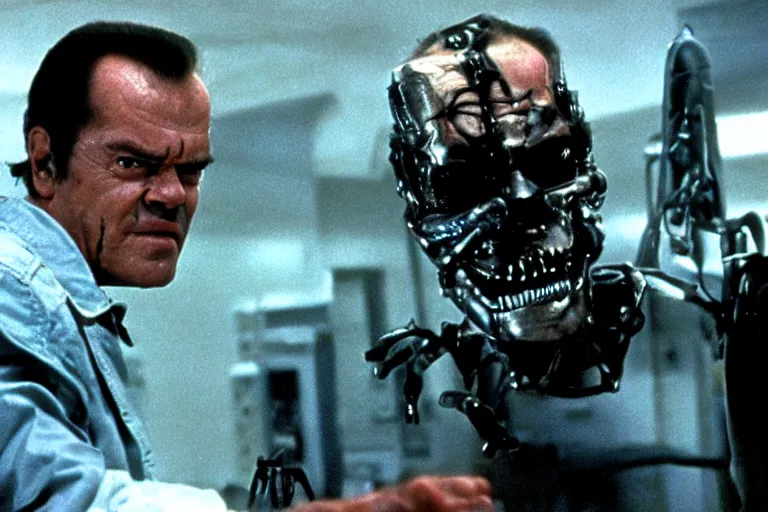 Prompt: Jack Nicholson plays Terminator, scene where his endoskeleton gets exposed, still from the film