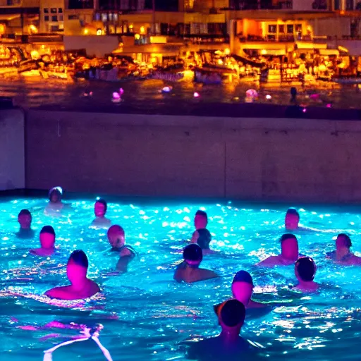 Image similar to swimming diverse groups of humans glowing sea at night, from behind, wide angle, elaborate, highly detailed, beautiful lighting