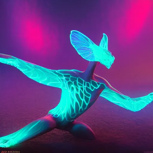 Prompt: this creature is a beautiful hologram that shimmers and glows in a myriad of colors. it is ethereal and otherworldly, and seems to defy the laws of physics 3 d octane render, artstation, andrew krivulya