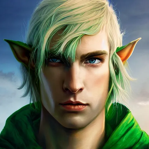 Prompt: masterpiece closeup portrait of a male elf with blonde hair and blue eyes, wearing a green cloak, by artgerm and Greg Rutkowski, 4k, masterpiece, matte painting, detailed