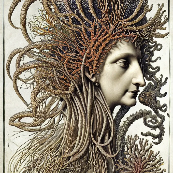 Image similar to realistic detailed face portrait of the goddess of the fish of the three times with an intricate headdress of corals, sea kelp, sea plants, fish, jellyfish, art by ernst haeckel, archimboldo, face in focus, neo - gothic, gothic,