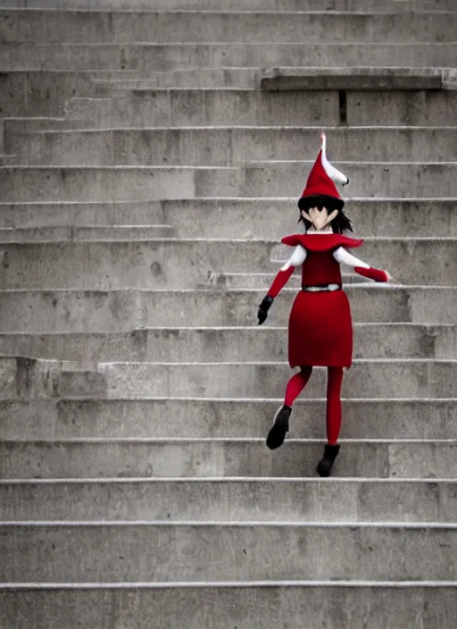 Image similar to charming elf girl climbing the stairs to the cathedral, anime still, Madhouse Animations