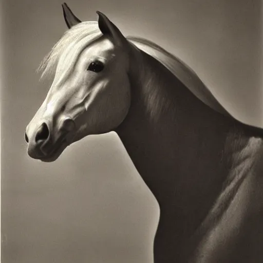 Prompt: painting of a glorious horse head, editorial fashion photography, black and white, by łempicka