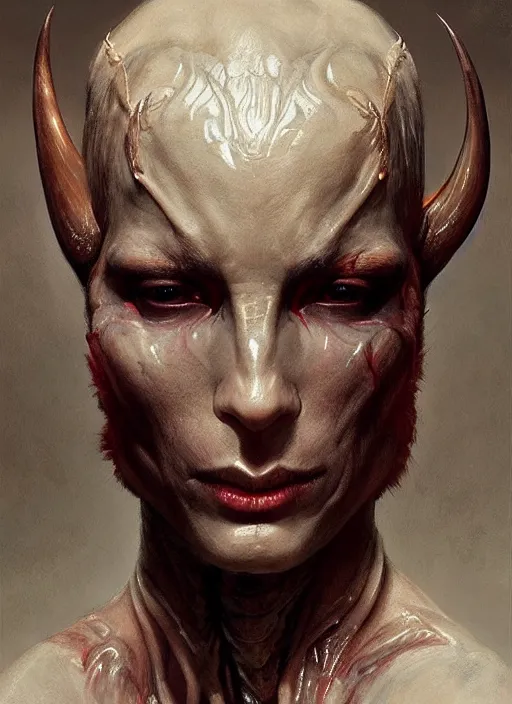 Image similar to half demon half human intricate skin ivory plastic, elegant, peaceful, full body, horns, hyper realistic, extremely detailed, dnd character art portrait, fantasy art, intricate fantasy painting, dramatic lighting, vivid colors, deviant art, artstation, by edgar maxence and caravaggio and michael whelan and delacroix.