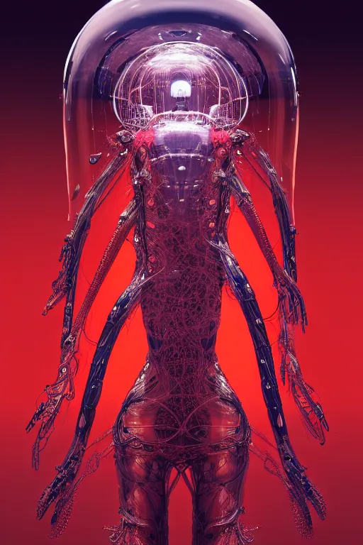 Image similar to background space station, red baroque inflateble dress iris van herpen positing on floor, helmet instead of a head, perfect symmetrical, full body shot, inflateble shapes, wires, tubes, veins, jellyfish, white biomechanical details, wearing epic bionic implants, masterpiece, intricate, biopunk, vogue, highly detailed, artstation, concept art